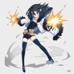  1girl asagiri_asagi belt black_eyes black_hair boots coat disgaea dual_wielding fur_trim gun hair_ornament hairclip holding holding_gun holding_weapon issa_(sorako45) jacket parted_lips short_hair shorts solo thigh-highs weapon white_background 