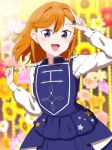  1girl commentary_request dress earrings epaulettes funmocha hair_ornament highres index_finger_raised jewelry long_sleeves looking_at_viewer love_live! love_live!_superstar!! medium_hair open_mouth orange_hair purple_dress shibuya_kanon sing!_shine!_smile! solo standing star_(symbol) star_hair_ornament upper_body violet_eyes white_sleeves 