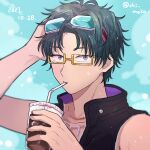  1boy bare_shoulders black_hair chiimako cup drinking drinking_glass drinking_straw glasses gnosia goggles green_hair jewelry long_sleeves looking_at_viewer male_focus necklace sha-ming shirt short_hair sleeveless sleeveless_shirt solo upper_body 