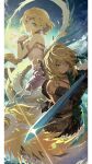  1boy 1girl absurdres armlet blonde_hair blue_eyes bracelet closed_mouth clouds dress earrings glint green_eyes headpiece highres holding holding_sword holding_weapon jewelry jihecchi light_dragon_(zelda) looking_at_viewer medium_hair pointy_ears sidelocks sky strapless strapless_dress sword the_legend_of_zelda the_legend_of_zelda:_tears_of_the_kingdom triforce weapon white_dress 