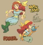  1girl bandana bomb captain_syrup explosive from_side green_footwear heart holding holding_bomb lipstick long_hair makeup multiple_views octopus_earrings redhead rinabee_(rinabele0120) sash wario_land wario_land:_super_mario_land_3 wavy_hair yellow_bandana yellow_eyes yellow_sash 