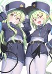  2girls absurdres belt black_belt black_hat black_jacket black_shorts black_skirt black_tail blue_archive blush buttons closed_mouth demon_tail double-breasted fang gloves green_hair green_halo halo hat highlander_sidelocks_conductor_(blue_archive) highlander_twintails_conductor_(blue_archive) highres jacket long_hair long_sleeves multiple_girls olecafe2 open_mouth pantyhose peaked_cap pointy_ears shorts sidelocks simple_background skin_fang skirt smile tail twintails white_background white_gloves white_pantyhose yellow_eyes 