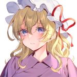  1girl blouse closed_mouth commentary hat kaede_(mmkeyy) long_hair looking_at_viewer maribel_hearn mob_cap puffy_short_sleeves puffy_sleeves purple_shirt red_hat red_ribbon ribbon shirt short_sleeves simple_background solo symbol-only_commentary taboo_japan_disentanglement touhou violet_eyes wavy_hair white_hat white_shirt 