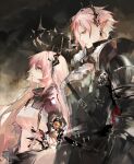  1boy 1girl absurdres arknights armor black_background black_coat breastplate brother_and_sister coat commentary_request dress enmokuritsu-d frown gauntlets halo highres horns long_hair looking_down looking_up material_growth oripathy_lesion_(arknights) painterly pink_hair pointy_ears red_eyes short_hair siblings theresa_(arknights) theresis_(arknights) upper_body white_dress 