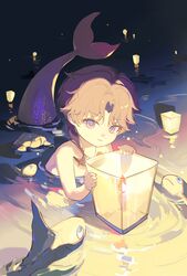  1boy absurdres aged_down beach candle crackingtaro fish highres holding holding_lantern lantern light love_and_deepspace male_focus medium_hair merman monster_boy night ocean outdoors paper_lantern parted_bangs pink_eyes purple_hair rafayel_(love_and_deepspace) short_hair solo topless_male two-tone_eyes violet_eyes water 