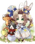  1girl 2boys aerith_gainsborough aerith_gainsborough_(classic_coney) animal_ears arestear0701 artist_name balancing_on_nose black_footwear black_fur blue_choker blue_dress blush bow braid braided_ponytail brown_hair cait_sith_(ff7) cape chibi chibi_only choker closed_eyes crown dress dress_flower earrings easter easter_egg egg facial_mark fangs final_fantasy final_fantasy_vii final_fantasy_vii_ever_crisis flower full_body gloves green_eyes hair_flower hair_ornament hat hat_bow hat_flower hat_with_ears highres holding holding_staff jewelry juliet_sleeves long_hair long_sleeves mini_crown mini_hat multiple_boys official_alternate_costume open_mouth orange_fur parted_bangs parted_lips puffy_sleeves rabbit_ears red_cape red_xiii redhead ribbon_choker rose sidelocks single_braid smile staff two-tone_fur white_flower white_fur white_gloves yellow_flower 