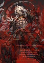  1boy arm_tattoo armor aura chest_tattoo clawed_gauntlets elbow_spikes godzilla godzilla_(series) godzilla_singular_point godzilla_ultima highres kurosaki_sasori long_hair long_tail muscular muscular_male open_mouth personification red_aura sharp_teeth solo tail tattoo teeth very_long_tail white_hair yellow_eyes 