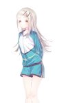  1girl arms_behind_back bare_legs blush collarbone feet_out_of_frame gakuen_idolmaster gradient_hair green_shorts idolmaster jacket light_brown_hair long_hair looking_at_viewer marieshi multicolored_hair shinosawa_hiro shorts simple_background skinny solo track_jacket very_long_hair white_background 