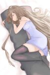  1girl bare_arms black_thighhighs breasts brown_hair closed_eyes dakimakura_(object) heretic_xx highres long_hair lying on_side pillow sense_(sousou_no_frieren) sleeping small_breasts solo sousou_no_frieren thigh-highs very_long_hair 