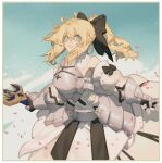  18660081532 1girl absurdres armor armored_dress artoria_pendragon_(fate) bare_shoulders black_bow blonde_hair border bow breastplate cowboy_shot fate/grand_order fate_(series) gauntlets green_eyes hair_between_eyes hair_bow high_ponytail highres holding holding_sword holding_weapon long_hair looking_at_viewer outstretched_arms parted_lips solo spread_arms sword weapon white_border 