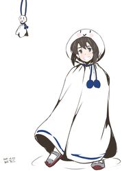  1girl adapted_costume black_eyes black_hair daitou_(kancolle) full_body grin highres kantai_collection one-hour_drawing_challenge robe shoes short_hair simple_background smile solo taira_yuuki teruterubouzu uwabaki white_background white_hood white_robe 