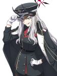  1girl black_coat black_hat black_horns black_jacket blue_archive brilliantko coat coat_on_shoulders gloves grey_hair grin hair_between_eyes halo hand_on_headwear hat horns jacket long_hair long_sleeves looking_at_viewer makoto_(blue_archive) military_uniform multiple_horns peaked_cap pointy_ears simple_background smile solo uniform very_long_hair white_background white_gloves 