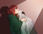  1boy 1girl absurdres black_hands brown_sweater coat delfuze different_shadow eye_socket green_coat green_eyes grey_hair hatori_chise highres hug joseph_cartaphilus long_hair looking_up mahou_tsukai_no_yome parted_lips ponytail profile redhead short_hair sweater when_you_see_it 