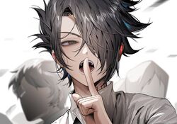  1boy black_hair collared_shirt commentary grey_eyes hair_behind_ear hair_over_one_eye hand_up index_finger_raised korean_commentary looking_to_the_side male_focus messy_room neck_tattoo one_eye_covered open_collar open_mouth people ray_(yakusoku_no_neverland) shirt sideways_glance solo ssxssss_848 tattoo teeth tongue tsurime upper_body white_background white_shirt yakusoku_no_neverland 