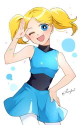  1girl aitommylove arm_up blonde_hair blue_dress blue_eyes blush breasts bubbles_(ppg) dress goutokuji_miyako hand_up highres medium_breasts one_eye_closed open_mouth powerpuff_girls powerpuff_girls_z rolling_bubbles solo twintails 