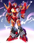  1boy arm_cannon autobot blue_eyes dual_arm_cannons exhaust_pipe helmet highres humanoid_robot insignia mecha mechanical_wings robot rodimus rodimus_prime ryuudraws science_fiction smile the_transformers_(idw) transformers v-fin weapon wings 