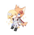  1109285578 animal_ears blonde_hair blue_eyes cat_ears cat_girl chibi dress flower fox_boy fox_ears fox_tail full_body genshin_impact hair_flower hair_ornament highres licking licking_another&#039;s_face lumine_(genshin_impact) mask mask_on_head short_hair simple_background sparkle tail tartaglia_(genshin_impact) tongue tongue_out white_background white_dress yellow_eyes 