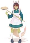  1girl alternate_costume anak_zahard apron blue_footwear blunt_bangs blunt_ends broom brown_eyes brown_hair colored_skin dress enmaided expressionless fake_antlers fake_tail full_body furrowed_brow green_skin highres holding holding_broom kneehighs looking_at_viewer maid maid_apron maid_headdress reptile_girl serious shadow shoes short_hair simple_background sleeves_past_elbows socks solo standing symbol-shaped_pupils tail tower_of_god white_apron white_background white_socks yulu406634_(lofter) 