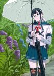  1girl black_hair blue_flower blue_sailor_collar blue_skirt closed_mouth commission flower glasses green_eyes hip_vent holding holding_umbrella kantai_collection long_hair long_sleeves looking_at_viewer necktie ojipon ooyodo_(kancolle) outdoors pleated_skirt purple_flower rain red_necktie sailor_collar school_uniform serafuku skirt solo thigh-highs umbrella 