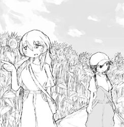  2girls alternate_costume baseball_cap blush chito_(shoujo_shuumatsu_ryokou) closed_mouth day flower greyscale hat highres long_hair low_twintails monochrome multiple_girls nihonmonkeymen open_mouth outdoors overalls pants shirt short_hair short_sleeves short_twintails shoujo_shuumatsu_ryokou smile sunflower twintails yuuri_(shoujo_shuumatsu_ryokou) 