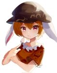  1girl :t animal_ears blonde_hair brown_hat commentary_request eating flat_cap floppy_ears food hat highres looking_at_viewer orange_shirt plus2sf rabbit_ears red_eyes ringo_(touhou) shirt short_hair short_sleeves simple_background solo touhou wagashi white_background 