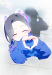  1girl absurdres black_hair blue_hoodie blush bm_tol closed_eyes commentary facing_viewer forehead from_above hands_up heart heart_hands highres hood hoodie long_hair long_sleeves mole mole_under_eye original sleeves_past_wrists smile solo symbol-only_commentary 