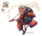  1girl closed_eyes commentary fingernails full_body grey_hair hair_bun holding holding_smoking_pipe japanese_clothes kiseru old old_woman personification pokemon pokemon_(creature) reference_inset sandals signature simple_background smoke smoking_pipe tamtamdi torkoal translated white_background wrinkled_skin 