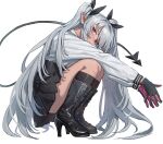  1girl absurdres black_skirt blue_archive boots dark-skinned_female dark_skin demon_tail grey_hair high_heel_boots high_heels highres hongchamashu iori_(blue_archive) long_hair pointy_ears red_eyes shirt skirt squatting tail twintails two-tone_gloves very_long_hair white_background white_shirt 