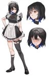  1girl 2l_(2lsize) angry asymmetrical_legwear black_dress black_footwear black_gloves black_hair black_socks black_thighhighs blue_hair blush clenched_hand clenched_teeth colored_inner_hair dress gloves hair_intakes hand_on_own_hip highres karen_(2l) maid maid_headdress mismatched_legwear multicolored_hair orange_eyes original parted_lips puffy_short_sleeves puffy_sleeves scowl shoes short_dress short_sleeves simple_background socks solo teeth thigh-highs tsurime white_background wrist_cuffs 