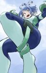  1girl :d antenna_hair blue_bodysuit blue_eyes blue_hair blue_sky bodysuit boku_no_hero_academia clouds day drill_hair fengling_(furin-jp) from_below gloves green_bodysuit hadou_nejire highres multicolored_bodysuit multicolored_clothes official_alternate_hair_length official_alternate_hairstyle open_mouth outdoors short_hair sky smile solo superhero_costume twin_drills unfinished yellow_gloves 