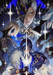  3boys antenna_hair artist_name beard black_cape black_gloves blonde_hair blue_cape blue_eyes blue_hair blue_vest bracelet cape chess_piece cleavage_cutout closed_mouth clothing_cutout collared_cape collared_shirt commentary dainsleif_(genshin_impact) dark-skinned_male dark_skin earrings english_commentary eyepatch facial_hair fingerless_gloves floating_hair fur-trimmed_cape fur_trim genshin_impact gloves glowing glowing_sword glowing_weapon gold_trim hair_over_shoulder half_mask hand_up highres holding holding_chess_piece holding_sword holding_weapon instagram_logo instagram_username jewelry kaeya_(genshin_impact) long_hair long_sleeves male_focus mask mask_over_one_eye multicolored_hair multiple_boys neesawahh old old_man one_eye_covered patreon_logo patreon_username pierro_(genshin_impact) popped_collar serious shirt short_hair sidelocks single_earring sleeves_rolled_up smile spiked_bracelet spikes streaked_hair swept_bangs sword twitter_logo twitter_username upper_body v-shaped_eyebrows vest vkontakte_logo vkontakte_username watermark weapon web_address white_gloves white_hair white_shirt wing_collar 