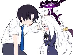  1boy 1girl black_gloves black_hair blue_archive blue_necktie blush commentary demon_horns flying_sweatdrops from_side gloves halo hand_on_another&#039;s_head headpat highres hina_(blue_archive) horns index_fingers_together je_o_mo long_hair looking_down necktie open_mouth profile sensei_(blue_archive) simple_background smile white_background white_hair 