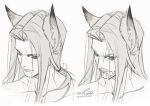 1boy animal_ears arknights beard_stubble cropped_shoulders facial_hair frown greyscale hellagur_(arknights) highres leopard_ears long_hair looking_to_the_side male_focus mature_male monochrome mustache mustache_stubble okiii stubble tsurime 