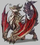  animal_focus black_horns brown_scales claws dragon from_side full_body grey_background horns looking_at_viewer monster no_humans original scales signature simple_background solo tail torihasiden tusks wings wyvern yellow_eyes 