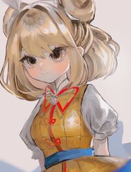  1girl armor armored_dress blonde_hair blush closed_mouth double_bun dress grey_background hair_bun haniwa_(statue) haniwa_kue hashtag-only_commentary highres joutouguu_mayumi looking_at_viewer ribbon short_hair short_sleeves simple_background smile solo touhou upper_body white_ribbon yellow_dress 