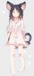  1girl animal_ear_fluff animal_ears barefoot black_hair brown_eyes brown_hair cat_ears cat_girl cat_tail closed_mouth collarbone commentary_request daidai_ookami full_body grey_background highres long_hair looking_at_viewer multicolored_hair original parted_bangs shirt short_sleeves simple_background solo tail two-tone_hair very_long_hair white_shirt 