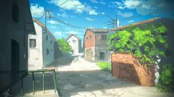  building dirt_road highres home_nobi path power_lines road scenery shadow town utility_pole 