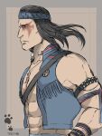 1boy accessories headband jeans long_hair male male_focus mortal_kombat mortal_kombat_11 mortal_kombat_deception native_american necklace nightwolf pixiv simple_background tattoo vest