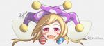  1girl absurdres blonde_hair blush chibi clownpiece fairy fairy_wings gloves hat highres jester_cap long_hair looking_at_viewer open_mouth pink_eyes polka_dot polka_dot_headwear purple_hat smile solo star_(symbol) star_print striped_clothes touhou transparent_wings white_background wings 