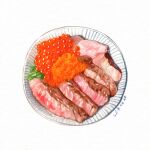  donburi fish_(food) food food_focus ikura_(food) lisazhou_art meat no_humans original plate simple_background steak white_background 