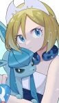  1girl alternate_color blonde_hair blue_eyes dress eyelashes glaceon hair_between_eyes hairband highres holding holding_pokemon irida_(pokemon) kana_(kanna_runa0620) pokemon pokemon_(creature) pokemon_masters_ex short_hair sleeveless sleeveless_dress strapless strapless_dress upper_body white_hairband 