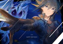  1boy black_shirt blonde_hair blue_jacket brown_gloves card colored_skin commentary_request dated dragon facial_mark fudo_yusei gloves happy_birthday highres holding holding_card jacket looking_at_viewer male_focus multicolored_hair shirt sketch smile spiky_hair stardust_dragon thunder_daifuku trading_card two-tone_hair upper_body white_skin yu-gi-oh! yu-gi-oh!_5d's 