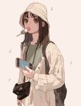  1girl backpack bag black_bag black_hair blush brown_eyes bucket_hat camera camera_around_neck cardigan cellphone dango falling_petals food green_shirt hat highres holding holding_phone mouth_hold original partially_unbuttoned petals phone shirt simple_background smartphone solo un_(un0044) wagashi 