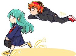  1boy 1girl bag black_bag black_jacket black_pants blue_sailor_collar blue_serafuku blue_shirt blue_skirt cone_horns flying from_side green_hair hand_in_pocket holding holding_bag horns jacket looking_to_the_side lum lum_no_aho11 moroboshi_ataru neckerchief pants personality_switch pointy_ears profile red_footwear red_neckerchief redhead running sailor_collar school_uniform serafuku shirt shoes skirt sneakers urusei_yatsura yellow_footwear 