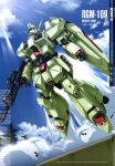  absurdres anime_coloring arisawa_hiroshi arm_shield arms_at_sides assault_visor beam_rifle blue_sky character_name clenched_hand clouds day energy_gun exhaust flying full_body gun gundam gundam_f91 heavygun highres holding holding_gun holding_weapon mecha mecha_focus mobile_suit no_humans robot scan science_fiction sky solo thrusters weapon 