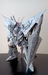  bikaminarihari commentary_request executor_(star_wars) fusion green_eyes gundam gundam_hathaway&#039;s_flash highres mecha mecha_focus model_kit_(medium) no_humans photo_(medium) robot science_fiction shadow standing star_destroyer star_wars star_wars:_return_of_the_jedi unconventional_media v-fin xi_gundam 