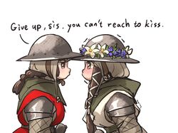  2girls armor braid brown_eyes brown_hair flora_sister_(ironlily) gambeson helmet ironlily long_hair medieval multiple_girls ordo_mediare_sisters_(ironlily) puckered_lips surcoat trembling twin_braids_sister_(ironlily) white_background yuri 