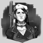  1girl absurdres alienprotein arcane:_league_of_legends arcane_caitlyn artist_name caitlyn_(league_of_legends) choker cropped_torso frown grey_background greyscale gun hat highres holding jacket league_of_legends long_hair monochrome rifle sniper_rifle upper_body weapon weapon_on_back 