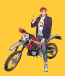  1boy bbbb_fex black_jacket denim hand_on_own_thigh highres iori_haruma jacket jeans kamen_rider logo male_focus motor_vehicle motorcycle pants redhead ride_kamens shirt shoes simple_background sneakers thumbs_up white_shirt yellow_background 