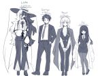  1boy 3girls black_hair character_chart faust_(project_moon) full_body hat height_difference lab_coat limbus_company long_hair multicolored_hair multiple_girls necktie project_moon saccharhythm samjo_(project_moon) sei_shounagon_(saccharhythm) short_hair simple_background suit white_background white_hair 